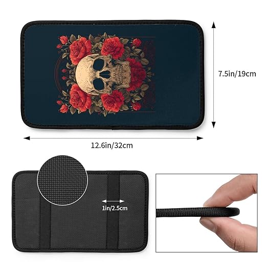Skull with Red Roses Car Auto Armrest Cushion Cover Accessories Center Console Seat Box Pad Protector Universal Decoration for Most Vehicle SUV Truck