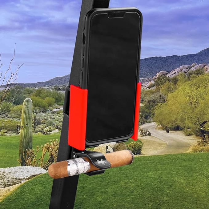 Desert Fox Golf Phone Caddy + Cigar Holder – Adjustable Golf Cart Phone Mount with Secure Cigar Clip – Hands-Free GPS & Golf App Access – Fits All Phones & Cigars (Red)