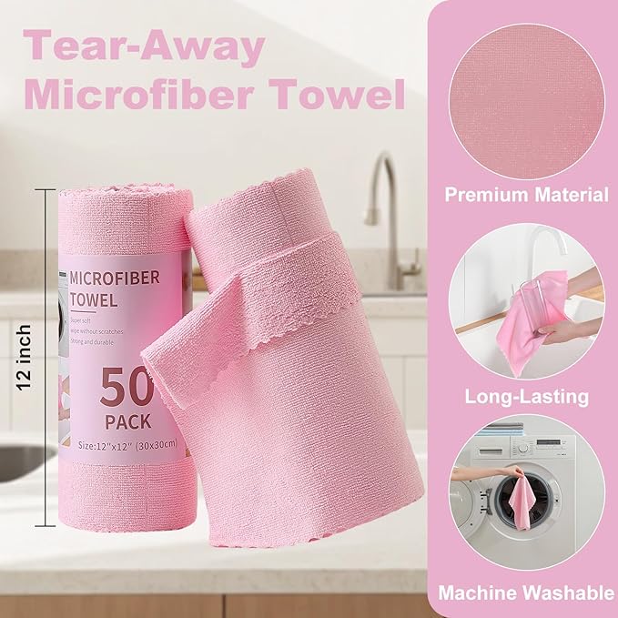Jessy Home 2 Roll Reusable Paper Towels,100 Sheets Tear Away Microfiber Cleaning Cloth, Lint Free Cleaning Rags for Kitchen, Dishcloth,Household Cleaning Supplies