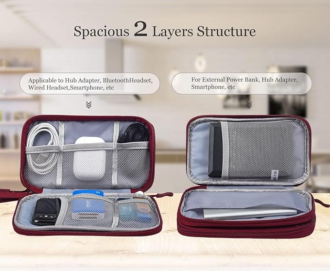 Electronics Accessories Organizer Pouch Bag, Travel Universal Organizer for Cable, Charger, Phone, SD Card, Business Travel Gadget Bag (Wine Red)