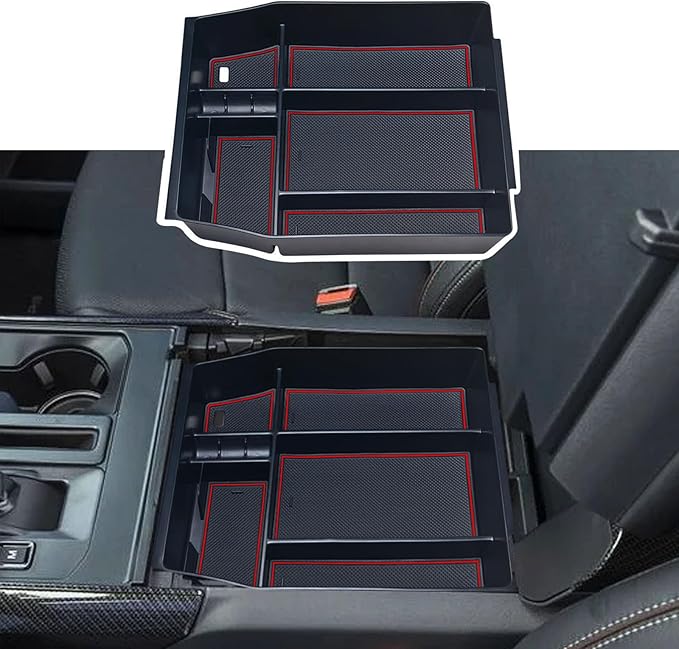 Zxiaochun Center Console Organizer Compatible with 2021 2022 2023 2024 Ford F150 Interior Accessories, Armrest Box Insert Storage Tray (Full Console w/Bucket Seats ONLY)-Red Trim