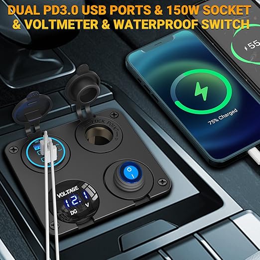 12V USB Outlet Socket Panel: (4 in 1) 58W Dual PD3.0 USB C 12V USB Charger 150W Marine Cigarette Lighter Socket 12v Splitter with Voltmeter Digital Display and Waterproof Rocker Toggle Switch 15A Fuse
