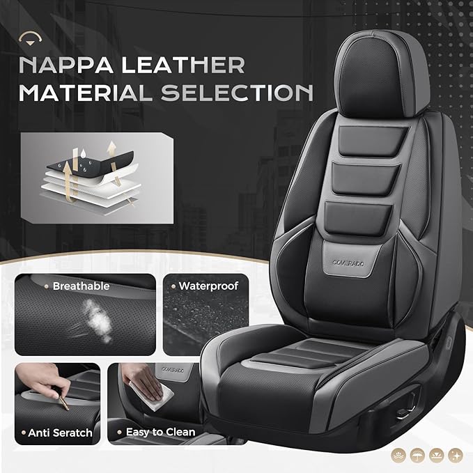 Coverado Car Seat Covers, Front Covers for Cars, Car Seat Cover Front Seats, Automotive Seat Cover, Waterproof, Leather Car Seat Cushion, Universal Interior Covers Seat Protectors for Most Cars Gray