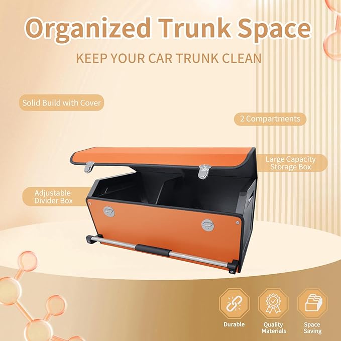 XCF Car Trunk Organizer for SUV, Collapsible Leather Car Storage Trunk Organizer with Lid and Sturdy Handle Car Trunk Leather Storage Box (Orange, 27.1 x 11.4 x 12.2in)