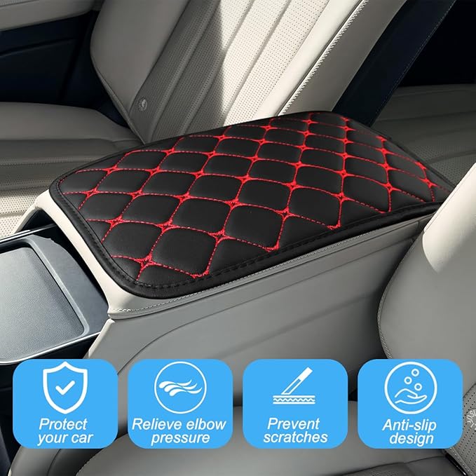 Car Center Console Cushion Pad, PU Leather Vehicle Armrest Cover Protector, Anti-Scratch Automotive Interior Arm Rest Seat Box Mat Accessories, Universal for SUV Sedan Truck (Black/Red)