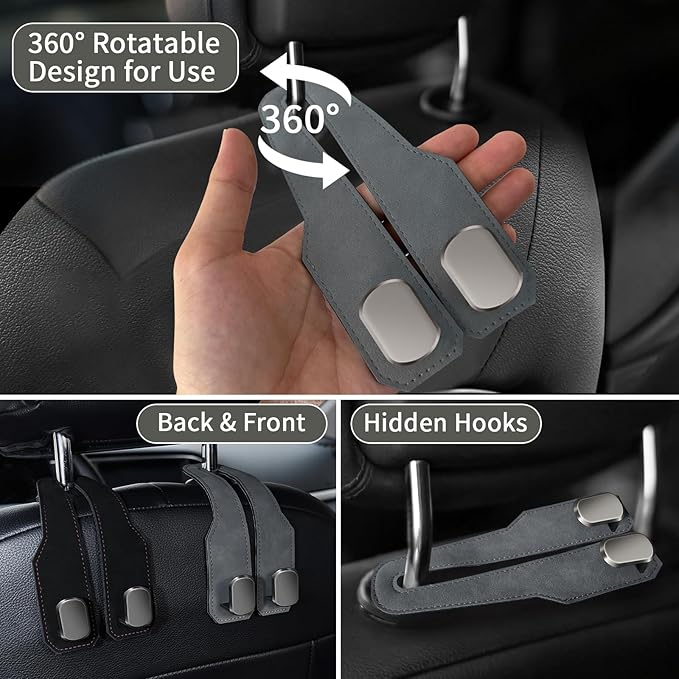 Car Seat Headrest Hooks for Purses and Bags, 2 Pack Bag Purse Holder for Car With Double Metal Hooks, Car Purse Hanger, Headrest Back Seat Handbags Hook Cute Hanging Accessories, Grey