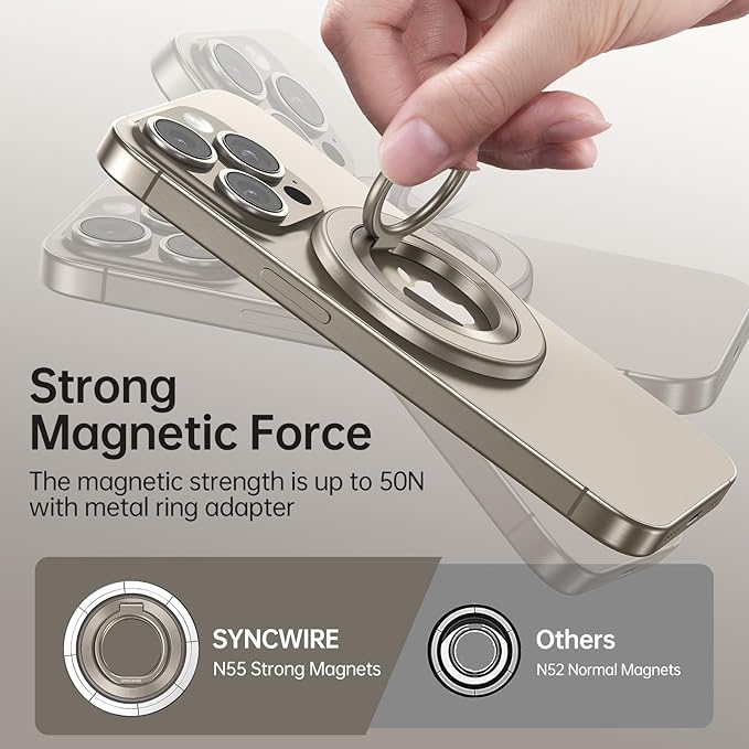 SYNCWIRE Magnetic Phone Ring Holder for MagSafe, 360° Rotation Cell Phone Grip Stand Finger Ring Kickstand Two-Sided Magnet Compatible with iPhone 17 Pro Max 16 15 14 13 12 MagSafe Accessories