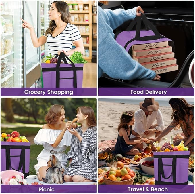mosago Insulated Grocery Tote Bags, Large Reusable Cooler Bags with Zipper, Leakproof Thermal Shopping Bags for Food Delivery, Beach, Travel, Uber Eats & Picnic, Collapsible Personalized, Purple