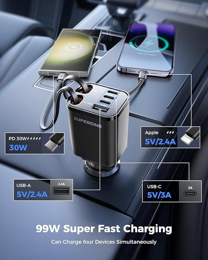 Retractable Car Charger, SUPERONE 99W Car Phone Charger with Cables Fast Charging, USB C Car Charger Adapter for iPhone 17 16 15 14 13 12, Samsung, Black (Pack of 2)