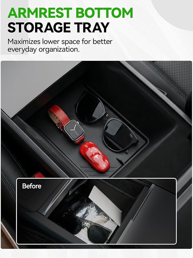 9PCS Center Console Organizer Tray for 2024 2025 2026 Tesla Model 3 Accessories, Armrest Hidden Storage Box Cup Holder Charger Pad for Tesla Model 3 Highland