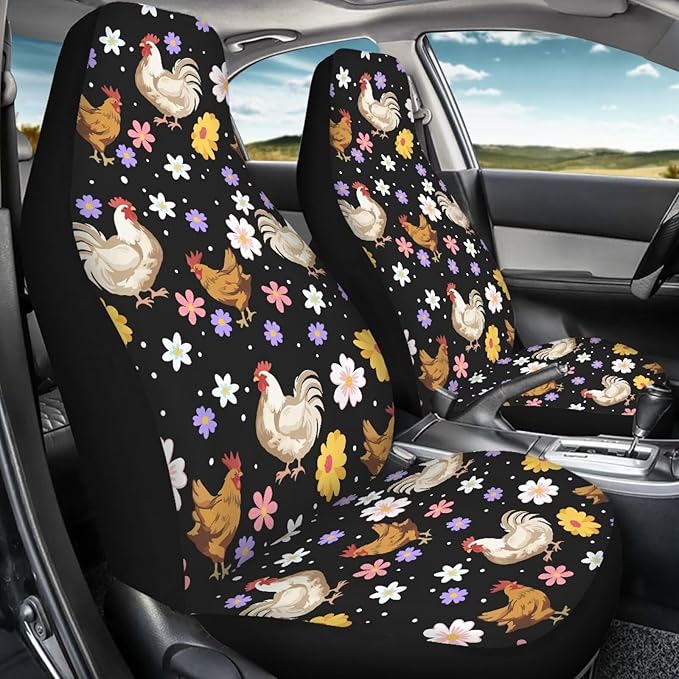 BIGCARJOB Boho Chicken Car Seat Protector - Full Set of 2 Pieces Hippie Daisy Chicken Vehicle Bucket Seat Pad for Women's Auto Interior