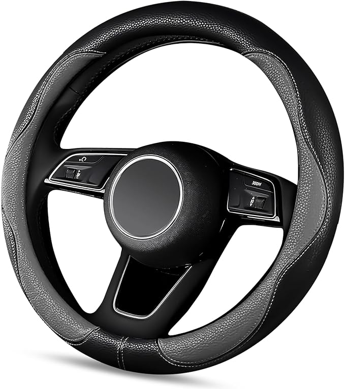 SuperKaKa Gray and Black Car Steering Wheel Cover 2025, Universal Auto PU Cute Breathable Slip-Proof Comfort Imitation Leather Protector Cars Interior Accessories for Women Men Fit Most Vehicle
