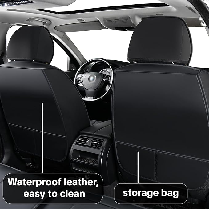 Black Car Seat Cover Full Set Kit, Universal Car Seat Cover for Car, Waterproof Leather, Protect & Upgrade Car Interior, Airbag Compatible, Easy to Install & Clean, For SUV, Pickup Truck, Sedan