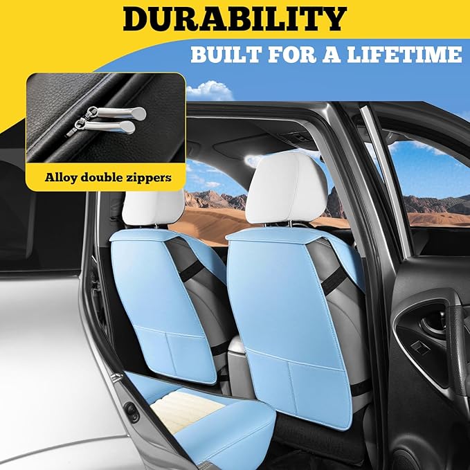 LINGVIDO Front Car Seat Covers, Faux Nappa Leather, Airbag Compatible and Waterproof Protectors for Sedans SUVs, Breathable Anti-Slip Interior for Commuters and Rideshare, White/Light Blue