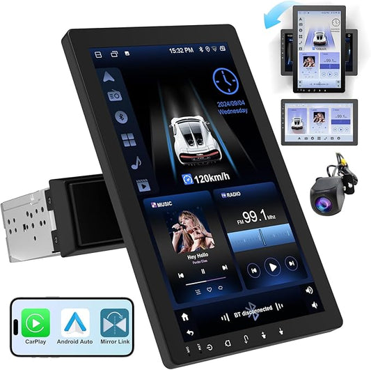 10.1" Rotatable Touch Screen Car Stereo Single Din - Android 13, Wireless CarPlay/Android Auto, 4-Core CPU, 2GB+32GB, GPS Navigation, Hi-Fi Sound, Bluetooth 4.2, AHD Backup Camera (Vertical Fit)