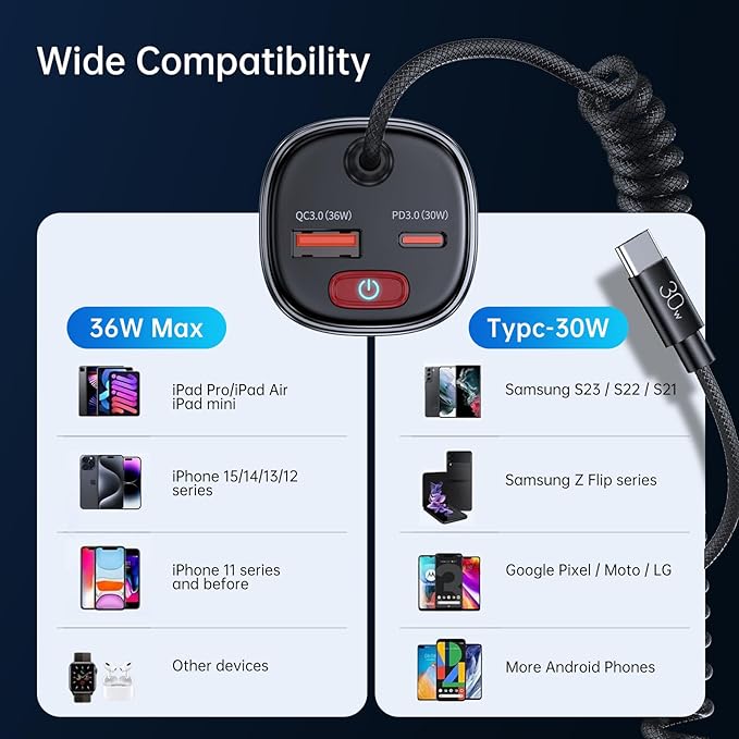 Syncwire USB C Car Charger with [Battery Leakage Prevention] 66W Super Fast Car Adapter with PD & QC 3.0 Built in 6FT Type C Coiled Cable for iPhone 17/16/15 Series, Samsung Galaxy/Google Pixel