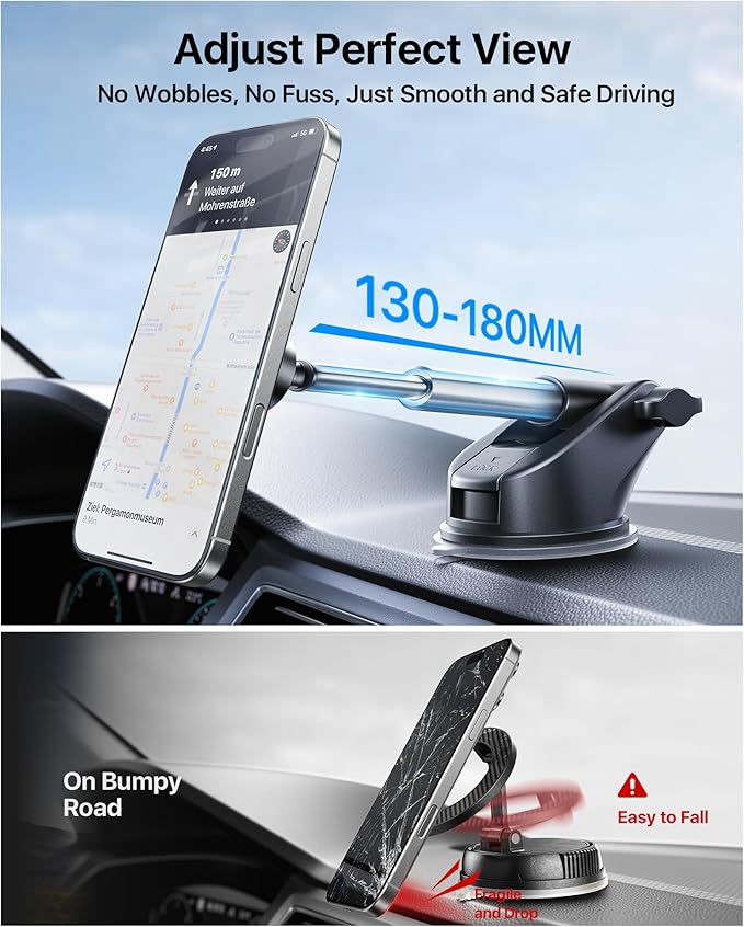 【Military-Grade】andobil 3 in1 Magnetic Phone Holder for Car Dashboard Windshield Vent 【Upgrade Suction & Strongest Magnet】Retractable for MagSafe Car Mount Mats for iPhone 17 16 15 14 Pro Max Sumsung