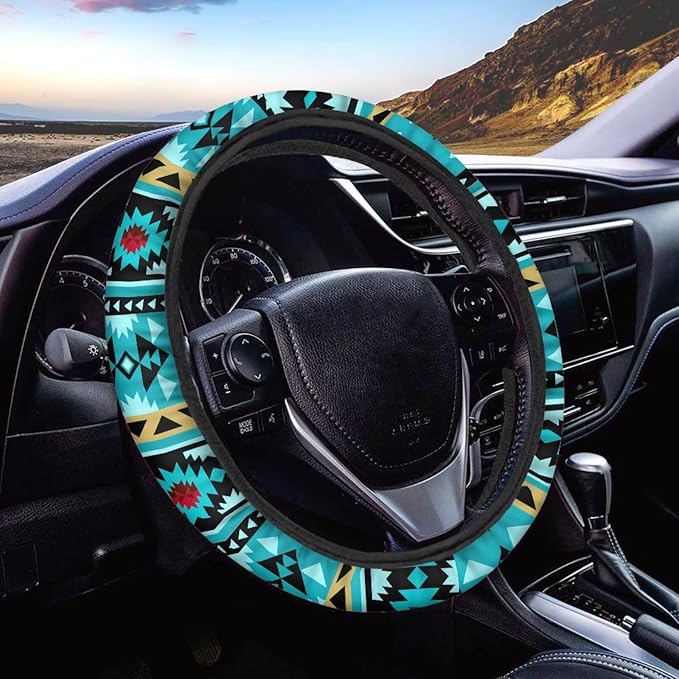 SEANATIVE Universal Steering Wheel Cover, Easy to Disassemble, Non-Slip Soft Steering Wheel Cover, Blue Aztec Print Auto Decor Accessiores