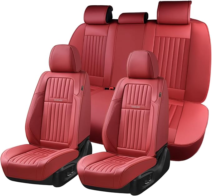 Coverado Car Seat Covers Full Set, Seat Covers for Cars, Car Seat Cover, Car Seat Protector, Leather Car Seat Cushion, Waterproof Car Seat Covers Front Seats and Back Fit for Most Cars(Red)