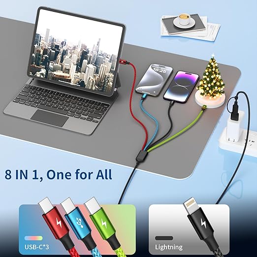 4 in 2 Multi Charging Cable [2Pack 5FT], USB C Splitter with 3 Type-c/1IP, Chargers for Multiple Devices, Compatible with Most Cell Phones/Tablets and More