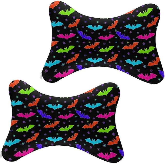 Car Neck Support Pillow 2 Pcs for Neck Pain Relief, Compatible with Halloween Cool Bats Bone Shape Headrest Pillow for Car Seat with Soft Memory Foam