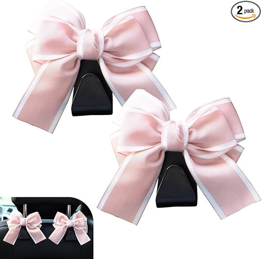 2 Pack Car Seat Headrest Hooks, Cute Bow Design Backseat Hook Storage Organizer for Purses, Handbags, Coats, Umbrellas, Cute Car Accessories for Women and Girls (Pink)