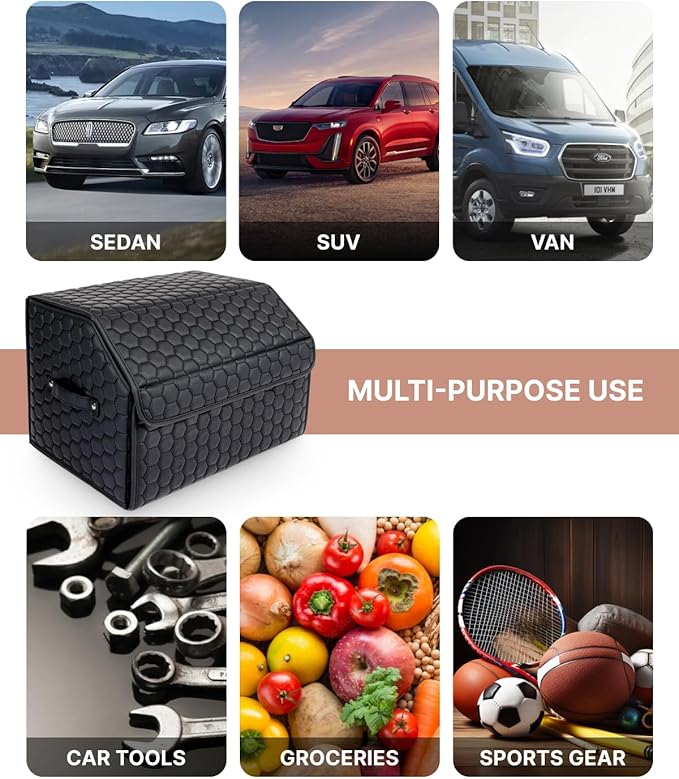Owleys Car Storage Organizer Bundle - Two Foldable Crates For Groceries, Gear & Trips - Durable SUV And Truck Storage Set - Thoughtful Birthday Gifts For Drivers (Black 17+21)