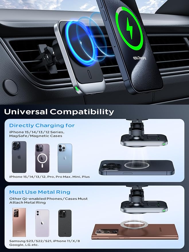 Hinyx for MagSafe Car Mount Charger, 15W Magnetic Wireless Car Charger Vent Dash Charging Phone Holder Mount for iPhone 15 14 13 12 11 Pro Max Plus Mini Xr Xs, Samsung, Google, LG, etc