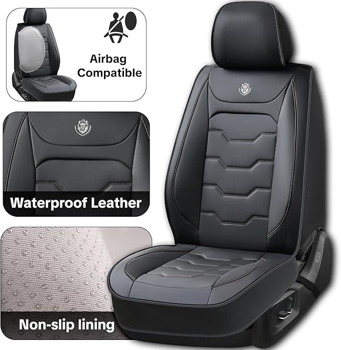 Universal Car Seat Covers, Black, Waterproof Synthetic Leather, Full Set, Non-Slip, Contoured Fit, Fits Most Vehicles, Upgraded Protection for Car Interiors, Airbag Compatible