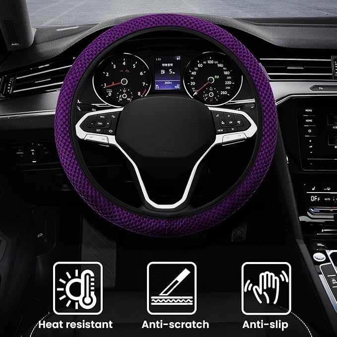 Elastic Stretch Car Steering Wheel Cover, Comfortable Steering Wheel Cover Universal for 14.5-15 Inch, Warm in Winter & Cool in Summer, Anti-Slip Breathable Ice Silk (Purple)