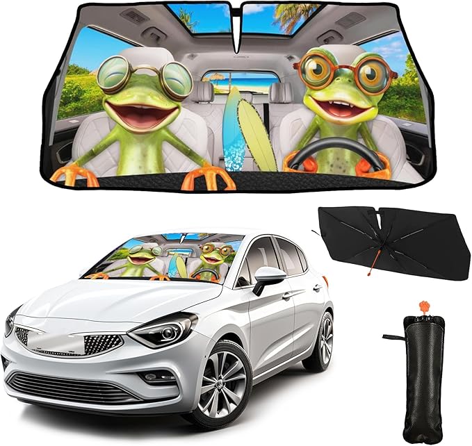 CHILL·TEK Funny Animal Car Windshield Sun Shade Umbrella, Frog Driving Car Sun Shade Umbrella, Block UV Rays Heat Foldable Windshield Umbrella Sun Visor Protector - Keep Vehicle Cool for Cars SUV