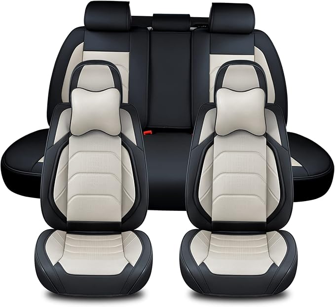 Car Seat Covers Full Set, Breathable Nappa Leather Car Seat Cushions, Auto Interiors Universal Fit for Most Cars, Compatible Automotive Vehicles(Sedan/SUV/Van), Black & White