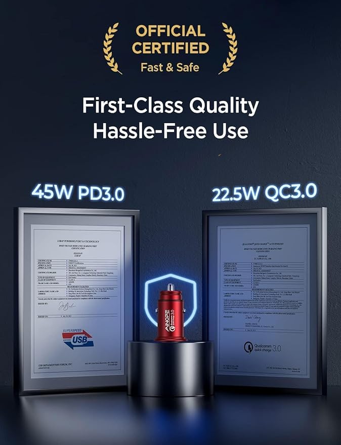 AINOPE USB C Car Charger Super Mini All Metal 54W Fast USB Car Charger PD&QC 3.0 Dual Port Car Adapter Compatible with iPhone 15 Pro Max 14 13 12 11 Pro Max XR XS Max 8 Galaxy S21/20-Red