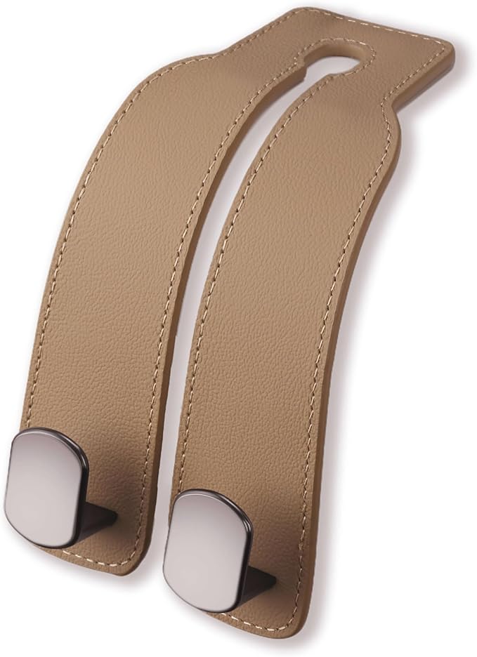 Genuine Leather Car Purse Hook - Flexible Car Seat Back Storage Hook for Purses and Bags, Universal Headrest Hooks for Car, Upgraded Car Purse Holder Hanger for Head Rest (Beige-1 Pack)