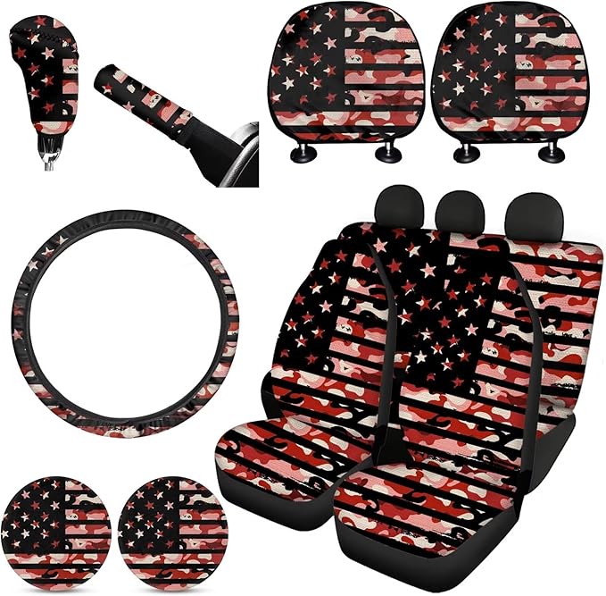 FKELYI Red Camo American Flag Print Car Seat Covers - Full Set Including Steering Wheel, Headrest, Gear Shift, Handbrake, Cup Holder Coasters
