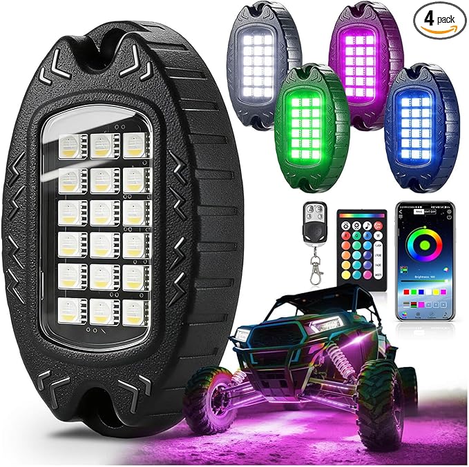 4Pods Heavy Duty Aluminum RGBW LED Rock Lights Kit for ATV UTV 4 Wheeler Can-Am SXS RZR Side by Side Offroad Vehicle, APP & RF Remote, Plug&Play Pre-Wired, IP67 Waterproof 12V Underglow Accent Light