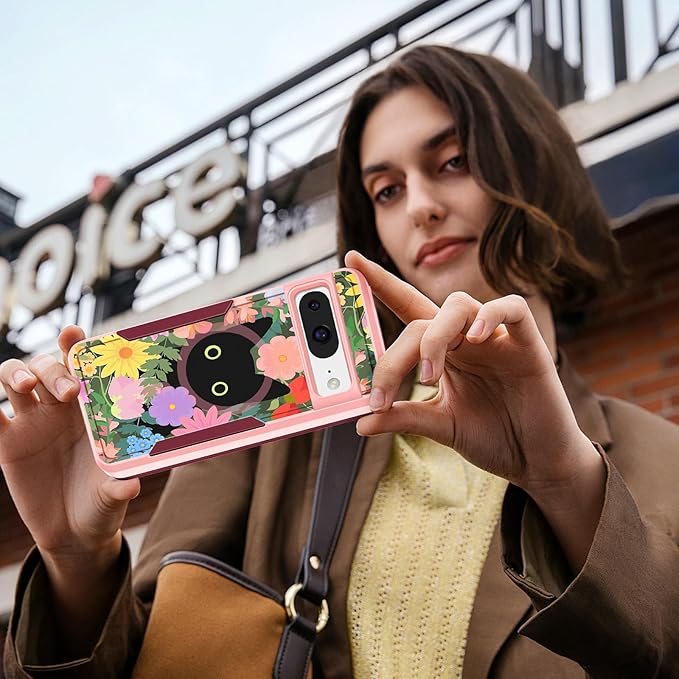 for Google Pixel 8 Case 6.2 Inch - Compatible with MagSafe Women Girls Cute Magnetic Protective Cover Girly Cat Flower Floral Heavy Duty Shockproof Design for Google Pixel 8 Phone Cases