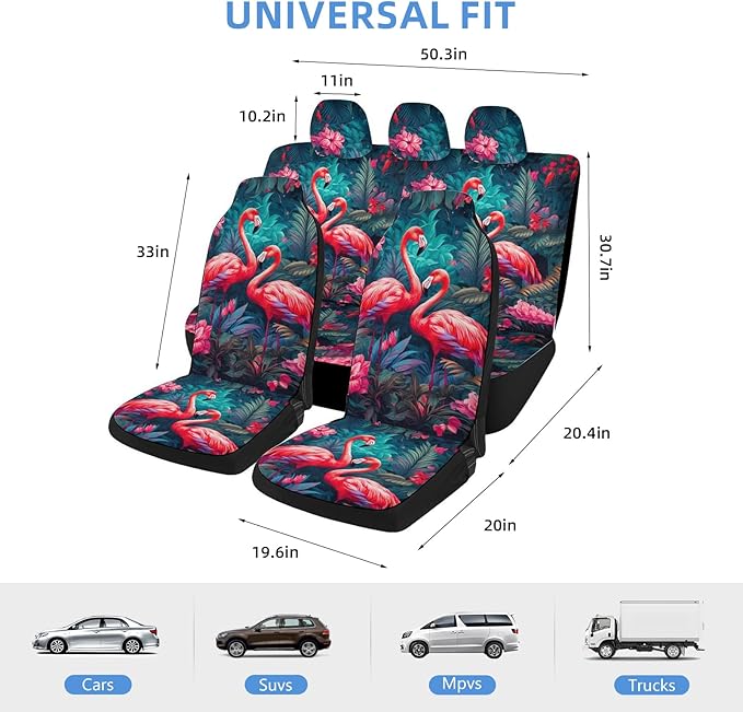 5 Pcs Premium Flamingo Car Seat Cover, Breathable & Washable Car Seat Covers Full Sets, Fashionable Printed Seat Covers for Cars Interior, Universal Fit for Most Cars, Sedan, Truck, SUV