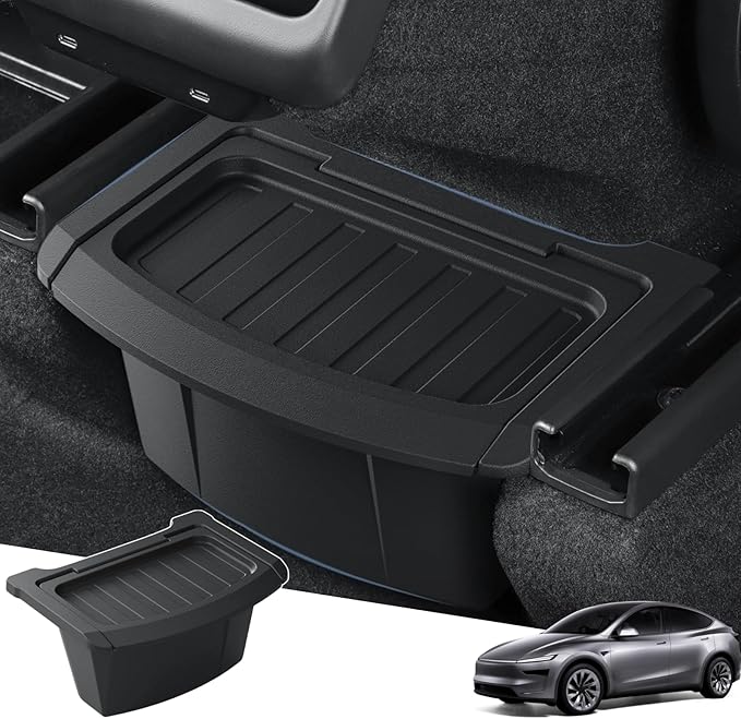 2026 Model Y Juniper Trash Can Back Seat Compatible with New Tesla Model Y Juniper Rear Center Console Floor Organizer Storage Box with Lid Garbage Can - TPE, Black