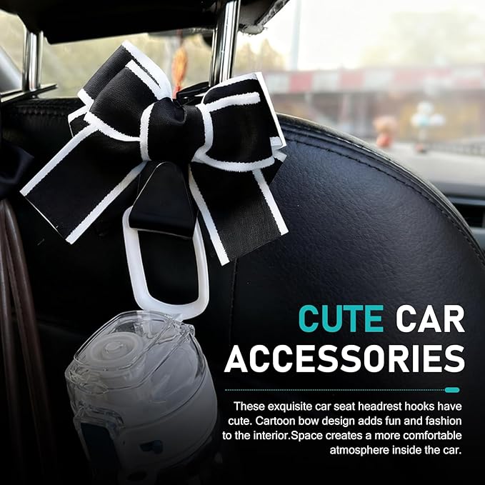 2 PCS Car Seat Headrest Hooks, Cute Bow Back Seat Storage Hangers for Handbag Purse Coat, Universal Auto Organizer Hooks (Black Line)