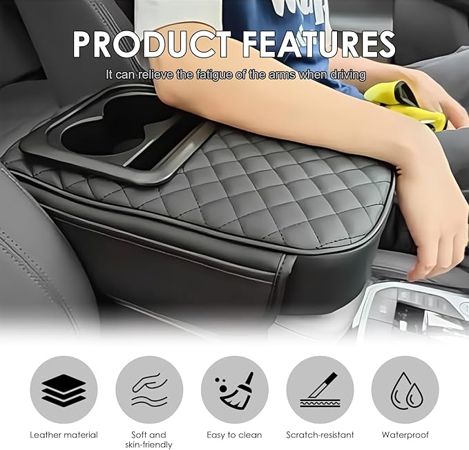Car Center Console Cover, Leather Car Armrest Cover with Storage Box, Cup Holder, Phone Slot, Waterproof Arm Rest Protector Cushion Automotive Accessories (Black)