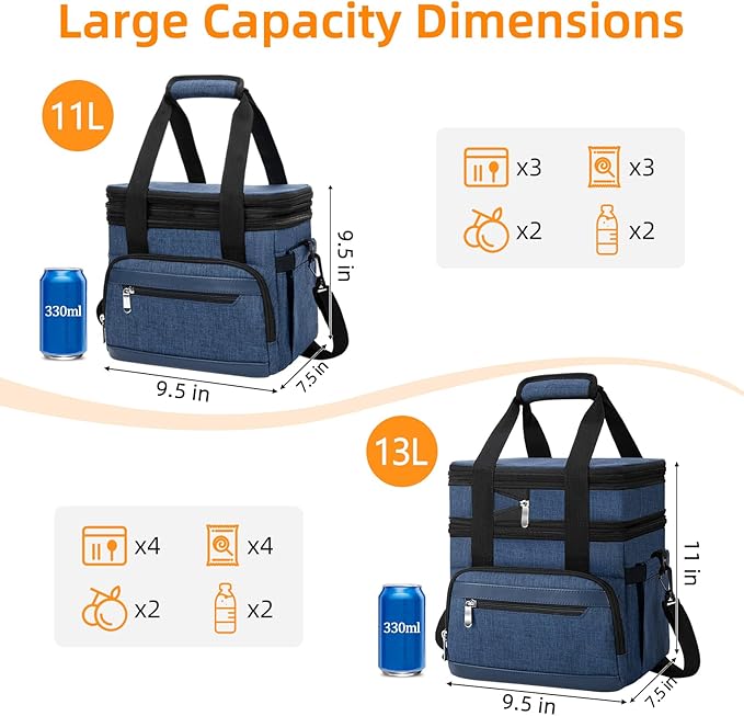 Insulated Lunch Box for Men & Women - Double Layer Leakproof Lunch Bag with Adjustable Shoulder Strap, Expandable Food Cooler for Work, Office, Travel, Camping (Dark Blue)