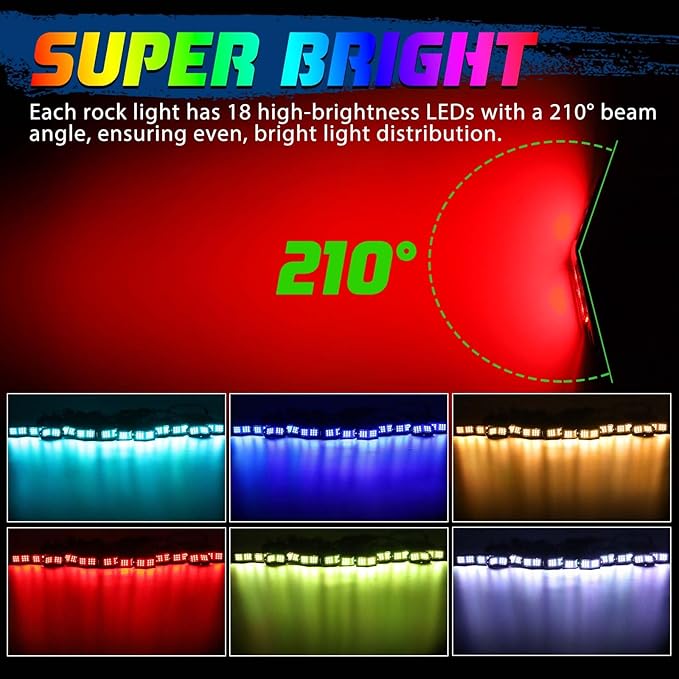 12 Pods RGB Rock Lights for Trucks,Multi Chasing Color App/Remote Control Led Rock Lights with Music Mode Underglow Kits for Cars Jeep UTV SUV ATV