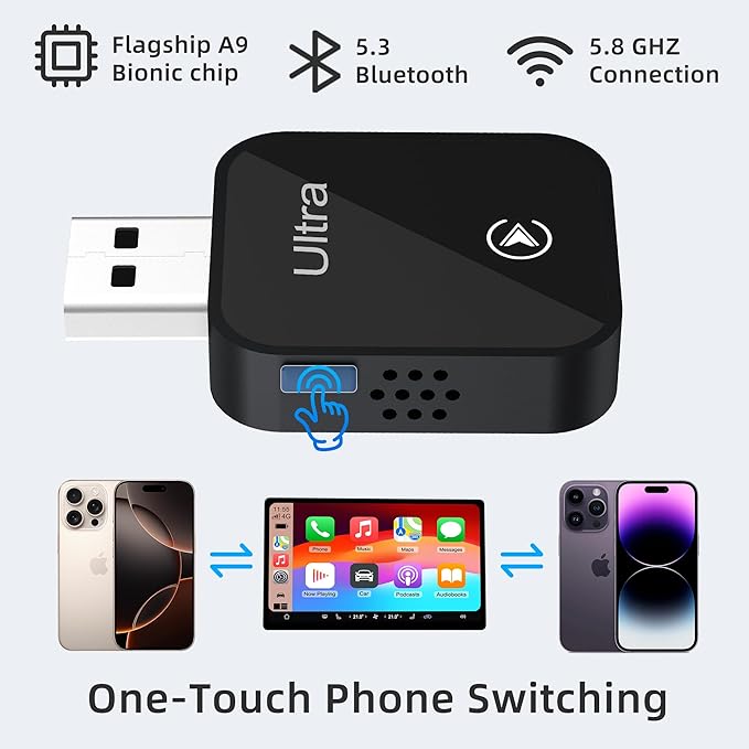 Mini Wireless Carplay Adapter for iPhone - Carplay Wireless Adapter Car Play Bluetooth, Compatible with iPhone iOS 10+, [One-Touch Phone Switching] Black