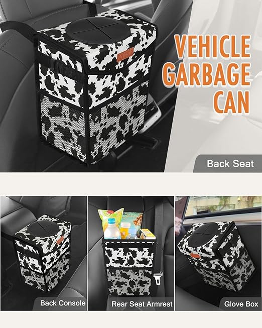 Pritent Car Trash Can with Lid, Cute Leakproof Car Trash Garbage Bag Hanging Vehicle Trash Bin Small Portable Automotive Garbage Cans Organizer for Back/Front Seat/Console(2.8 Gallons,Cow Print)