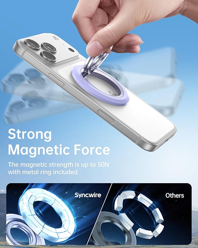 SYNCWIRE for MagSafe Ring Phone Holder, 360° Rotation Magnetic Cell Phone Grip Dual-Sided Magnets Phone Ring Kickstand Compatible with iPhone 17 16 15 14 13 12 Pro Max MagSafe, Android, Samsung etc.