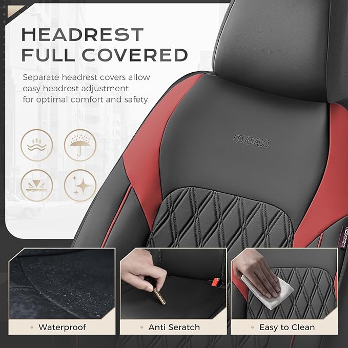 Coverado Car Seat Covers Full Set, Leather Seat Covers, Automotive Seat Covers for Cars, Car Seat Covers Front Seats Back, Car Seat Protector Car Seat Cushion Universal Fit Most Cars Trucks, Black&Red