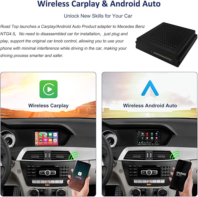 Road Top Wireless CarPlay & Android Auto Adapter for Mercedes-Benz C/E/GLK/ML/CLA/GLA 2012-2015 NTG4.5 System, Plug & Play Retrofit Module, Bluetooth, Siri, Mirror Link, Backup Camera Support