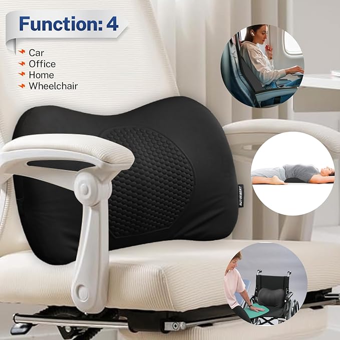XUKEY Lumbar Support Pillow for Car, Memory Foam and TPE Gel Lumbar Pillow for Lower Back Pain Relief,Back Cushion for Driving Chair Support for Car Office Chair Wheelchair (Black)
