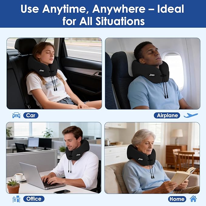 jiaao Travel Pillow Memory Foam Neck Support, Advanced Memory Foam Neck Pillow for Airplanes, Cars & Trains with Eye Mask, Earplugs & Storage Bag